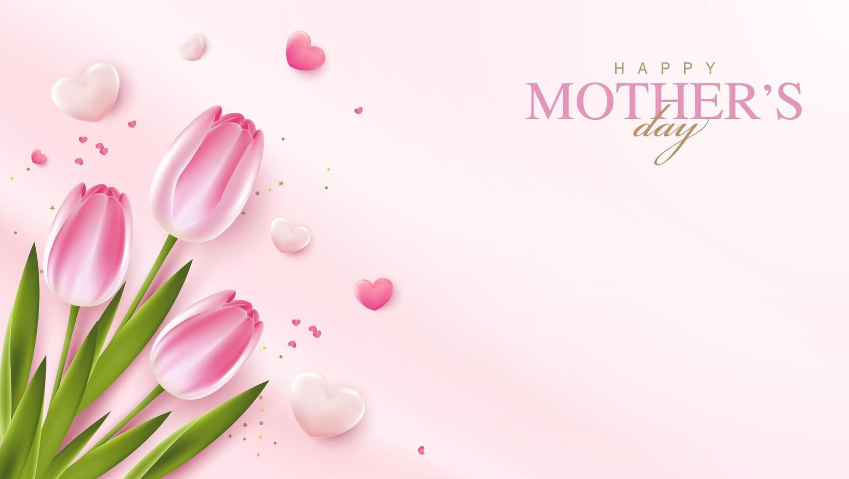 Happy Mother's Day with beautiful flowers tulips and hearts on pink background. illustration for greeting card, ad, promotion, poster, flier, blog, article, social media, marketing. design. vector