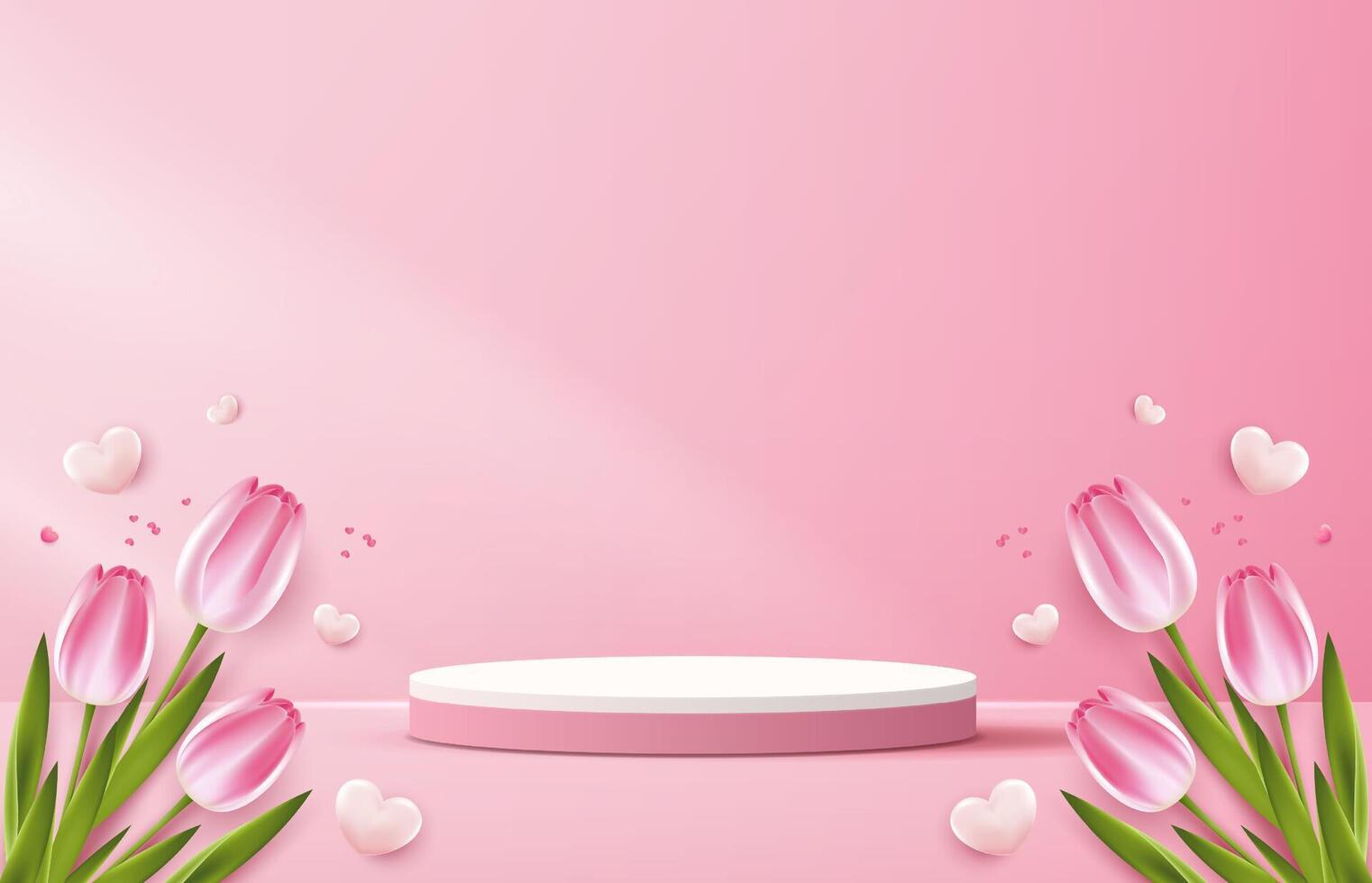 Display podium for Mother's day, Valentine's Day with heart and flower. minimal pink background. product display presentation. studio room concept, minimal wall scene. design. vector