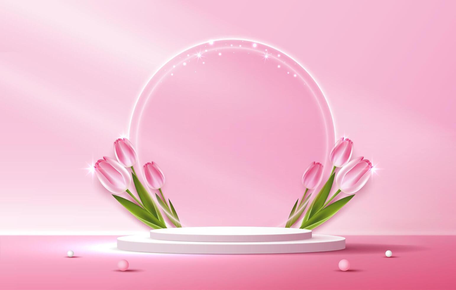 Display podium for Mother's day, Valentine's Day with heart and flower. minimal pink background. product display presentation. studio room concept, minimal wall scene. design. vector