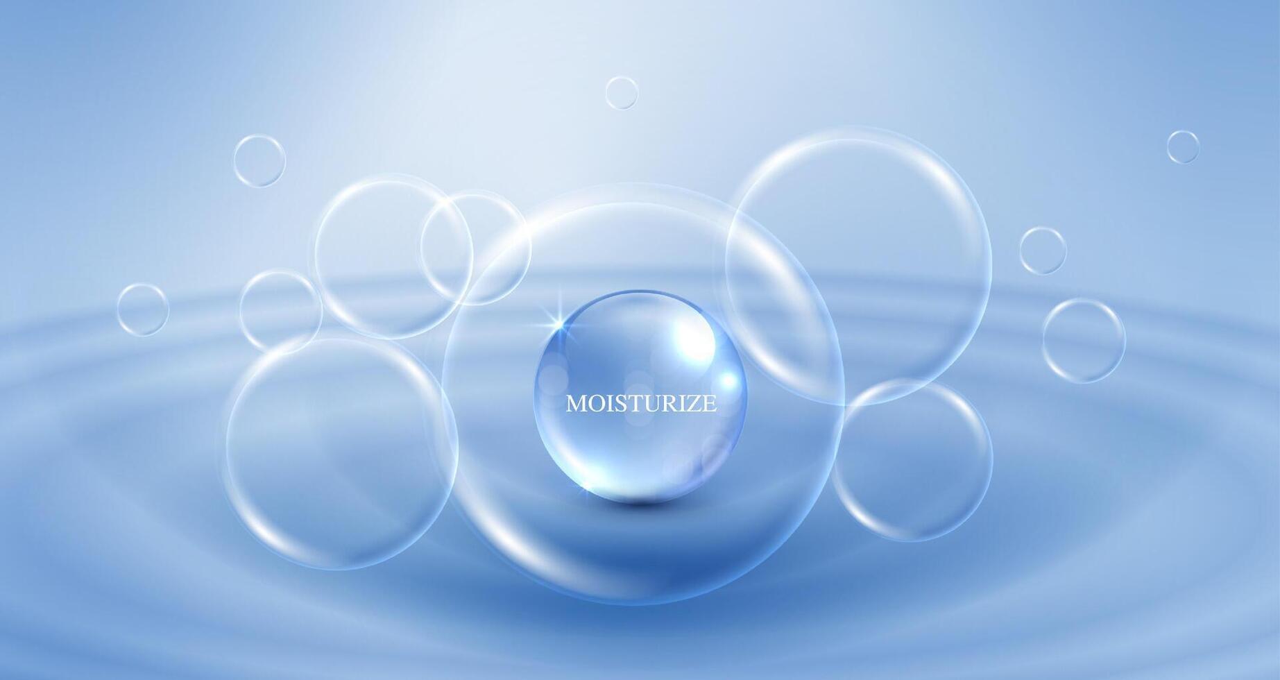 Moisturizer and hyaluronic acid on a blue background. skin care with water droplets is absorbed into the skin and cells. use ads, lotions, serums, creams. medical and scientific concepts. . vector