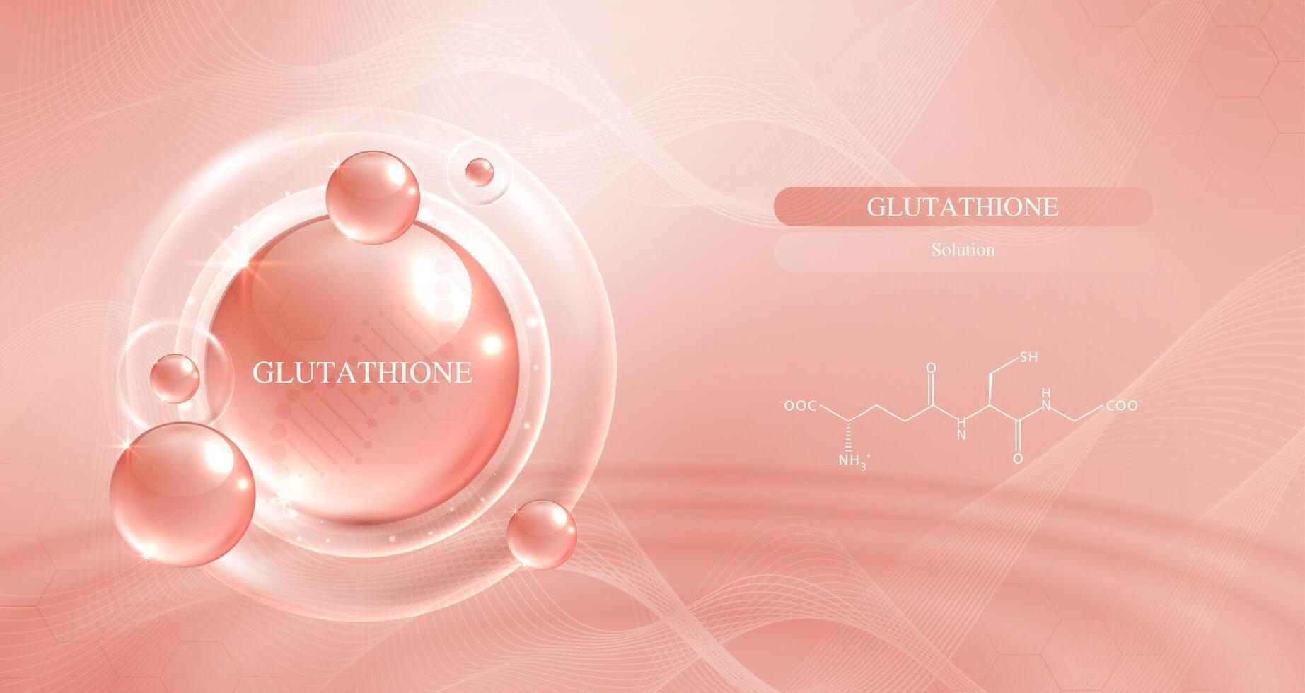 Glutathione serum drops over pink skin cells with cosmetic advertising. healthy life medical and dietary supplement. natural skin care cosmetic stimulate collagen. design. vector