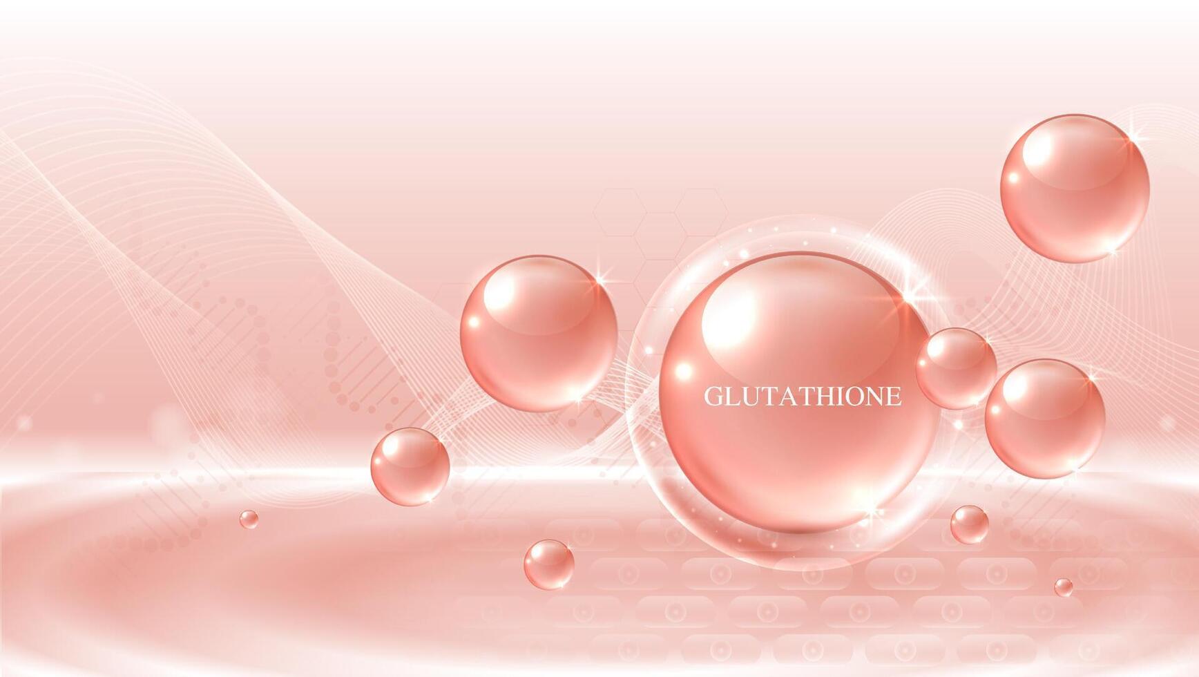 Glutathione serum drops over pink skin cells with cosmetic advertising. healthy life medical and dietary supplement. natural skin care cosmetic stimulate collagen. design. vector