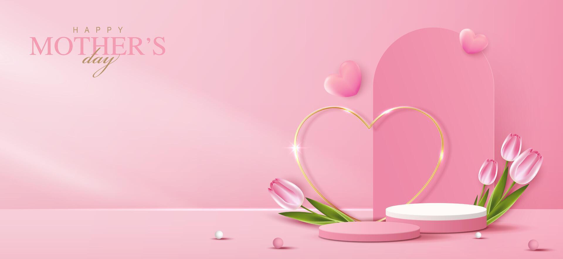 Display podium for Mother's day, Valentine's Day with heart and flower. minimal pink background. product display presentation. studio room concept, minimal wall scene. design. vector