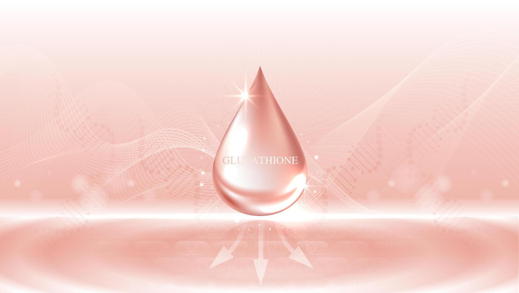 Glutathione serum drops over pink skin cells with cosmetic advertising. healthy life medical and dietary supplement. natural skin care cosmetic stimulate collagen. design. vector