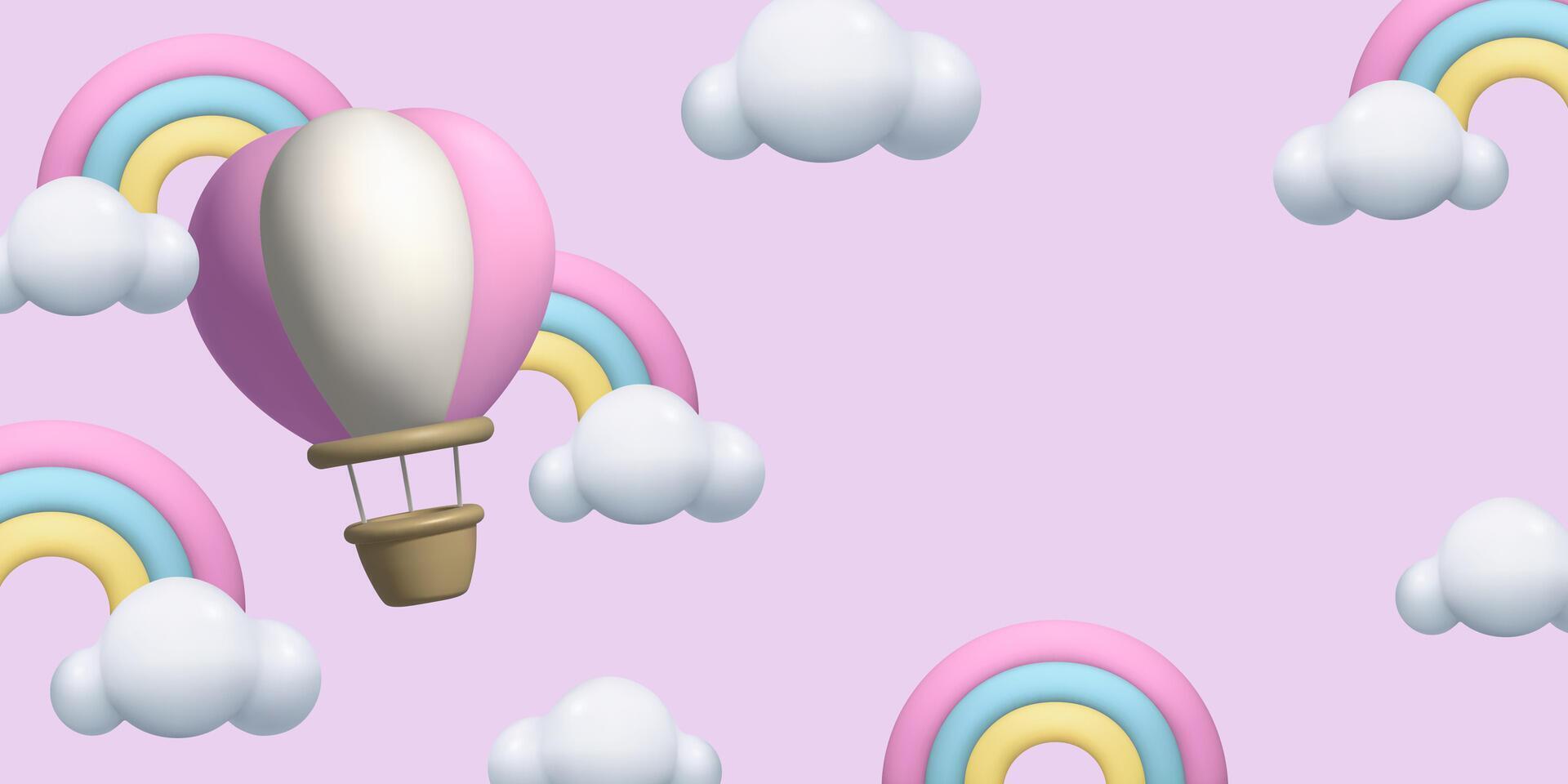 bebé muchachas 3d antecedentes con rosado cielo volador aire globo linda arcoiris y Copiar espacio vector