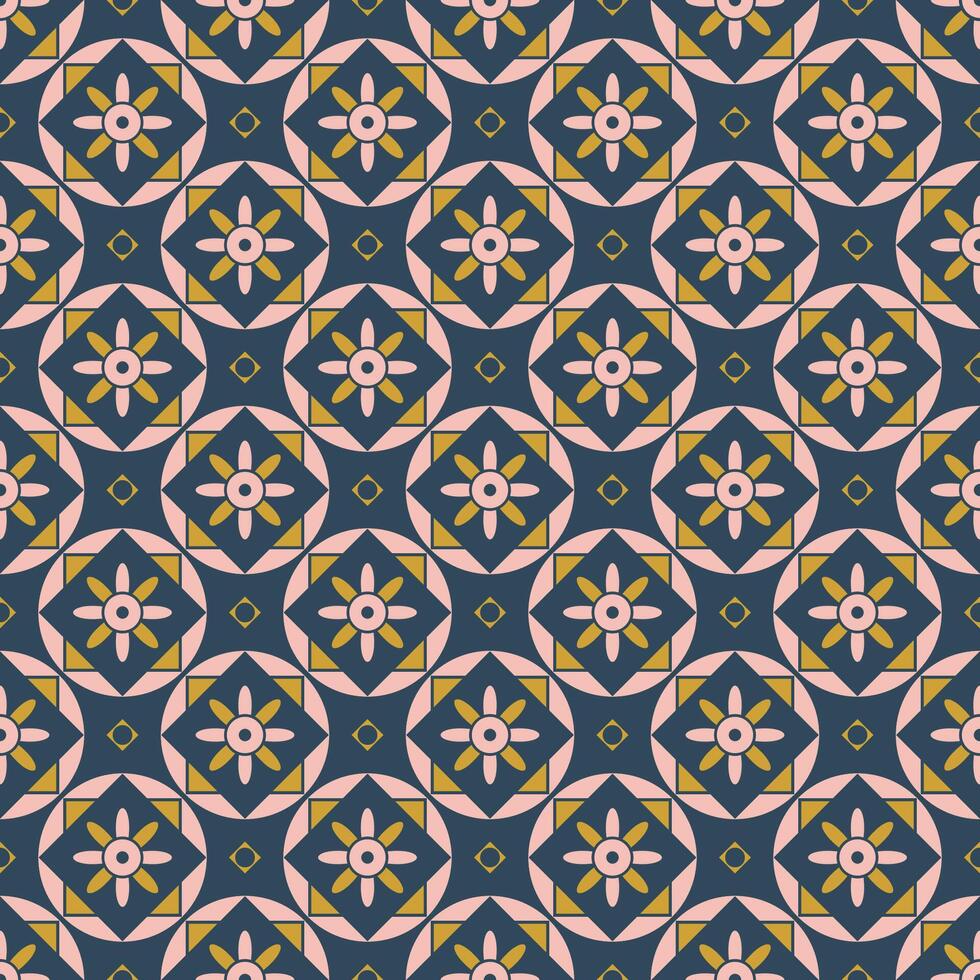 Geometric pattern with flat flowers and geometric shapes in deep blue and mustard colors vector