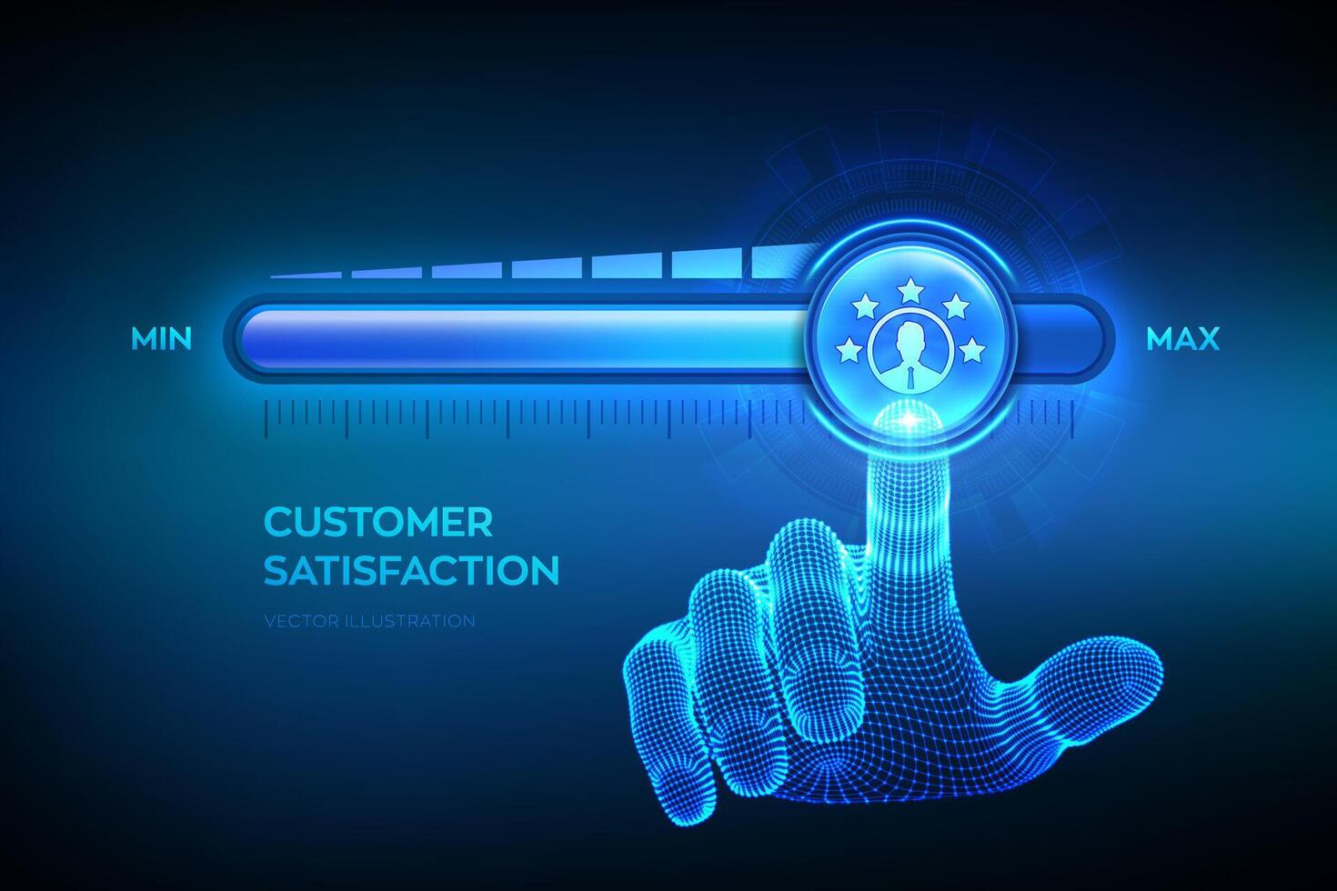 Customer satisfaction. Customer survey and feedback analytics. Using AI and automation technology in marketing. Wireframe hand is pulling up to the maximum position progress bar. illustration. vector