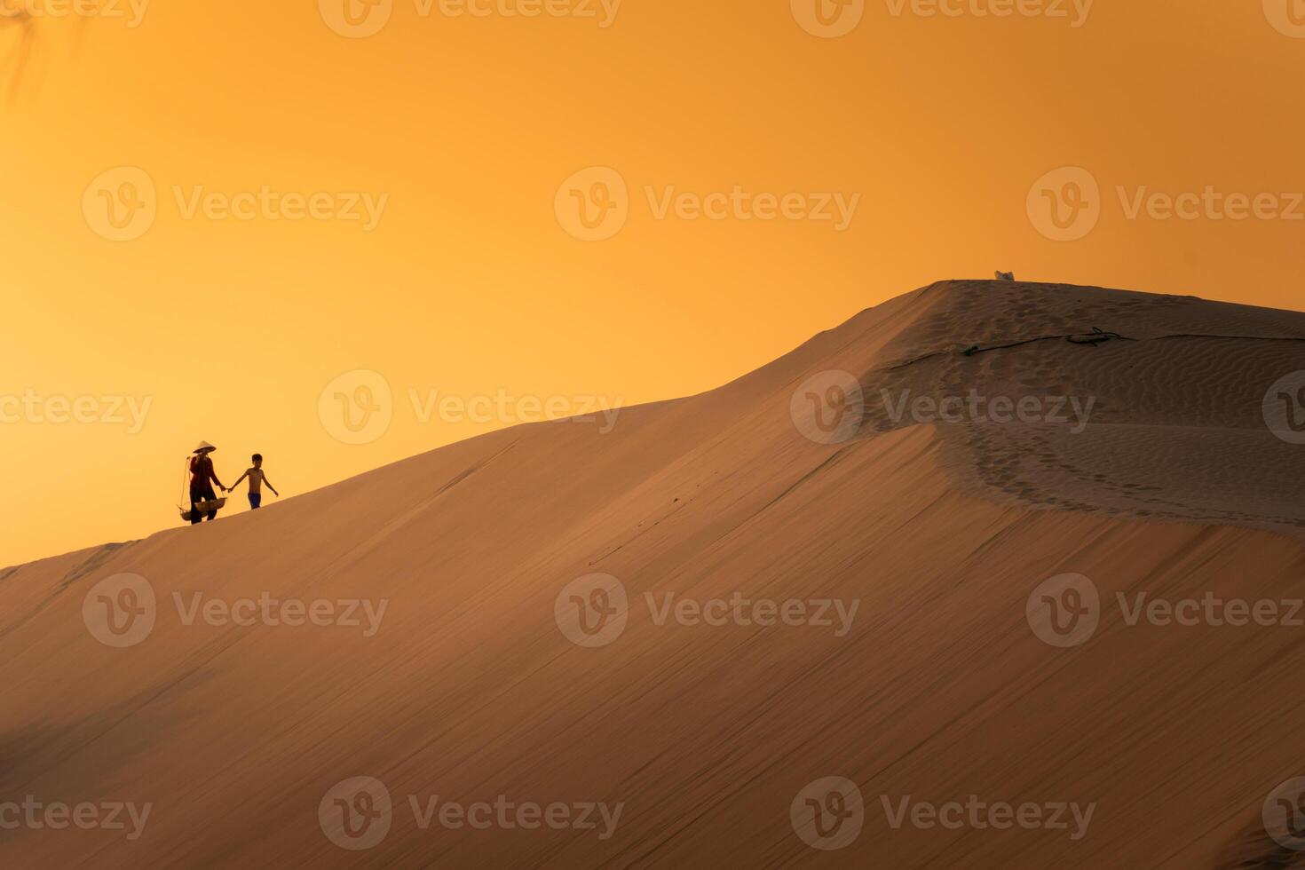 Aerial view of a peasant woman carries a bamboo frame on the shoulder across sand dunes in Ninh Thuan province, Vietnam. It is one of the most beautiful places in Vietnam photo