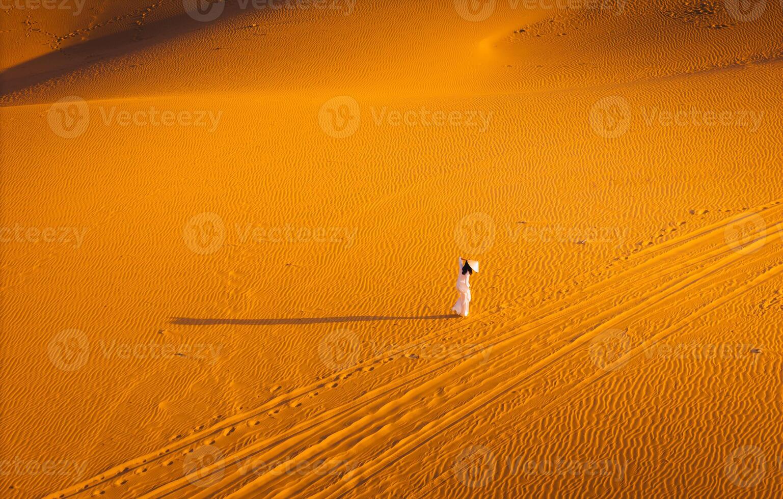 Aerial view of Vietnamese woman wearing ao dai dress across sand dunes in Ninh Thuan province, Vietnam. It is one of the most beautiful places in Vietnam photo