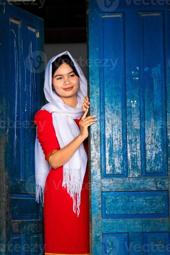 portrait of Cham ethnic girl in Bau Truc pottery village, Phan Rang city, Ninh Thuan province, Vietnam photo