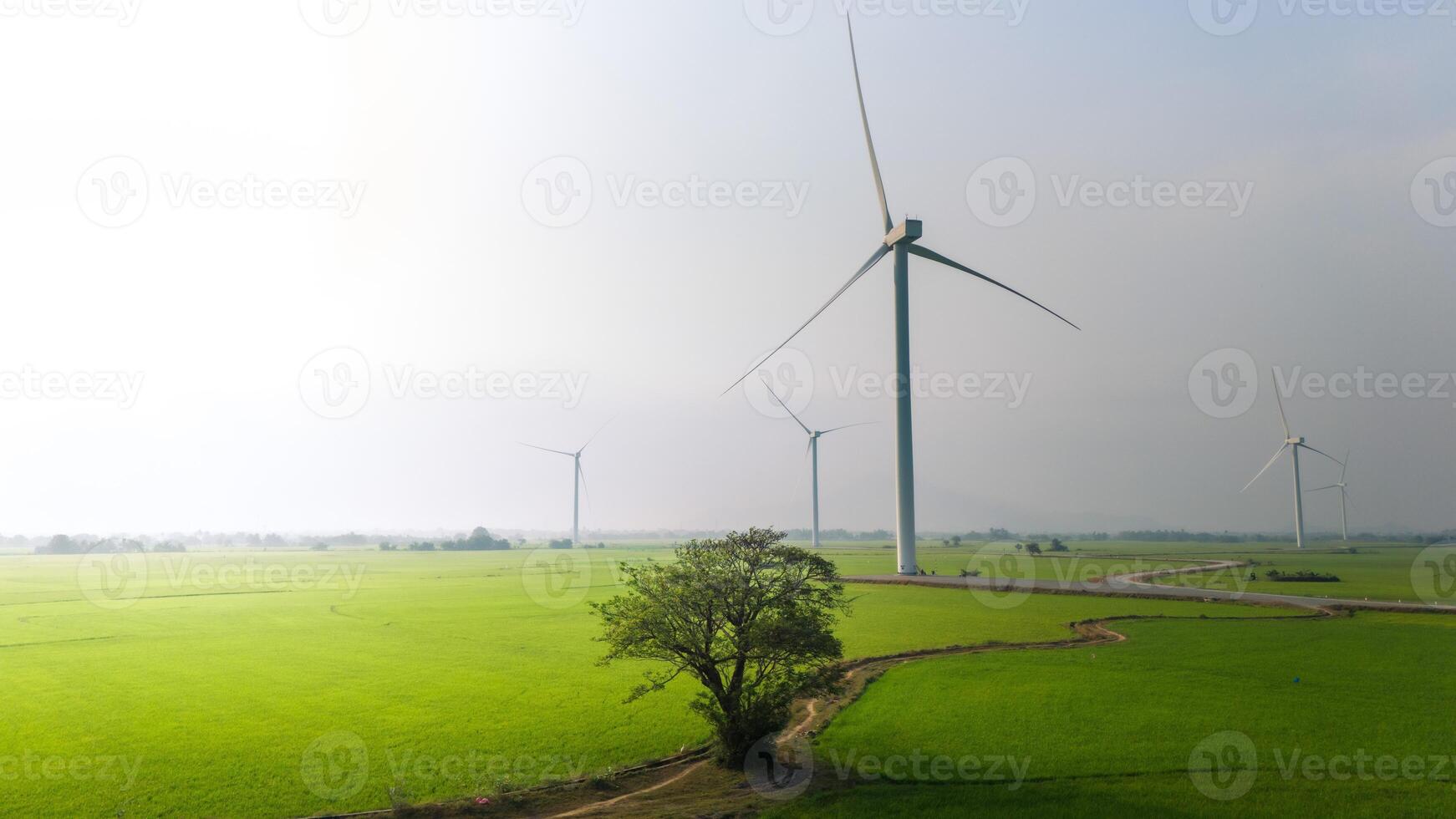 ver de turbina verde energía electricidad, molino para eléctrico poder producción, viento turbinas generando electricidad en arroz campo a phan sonó, ninh Thuan provincia, Vietnam foto