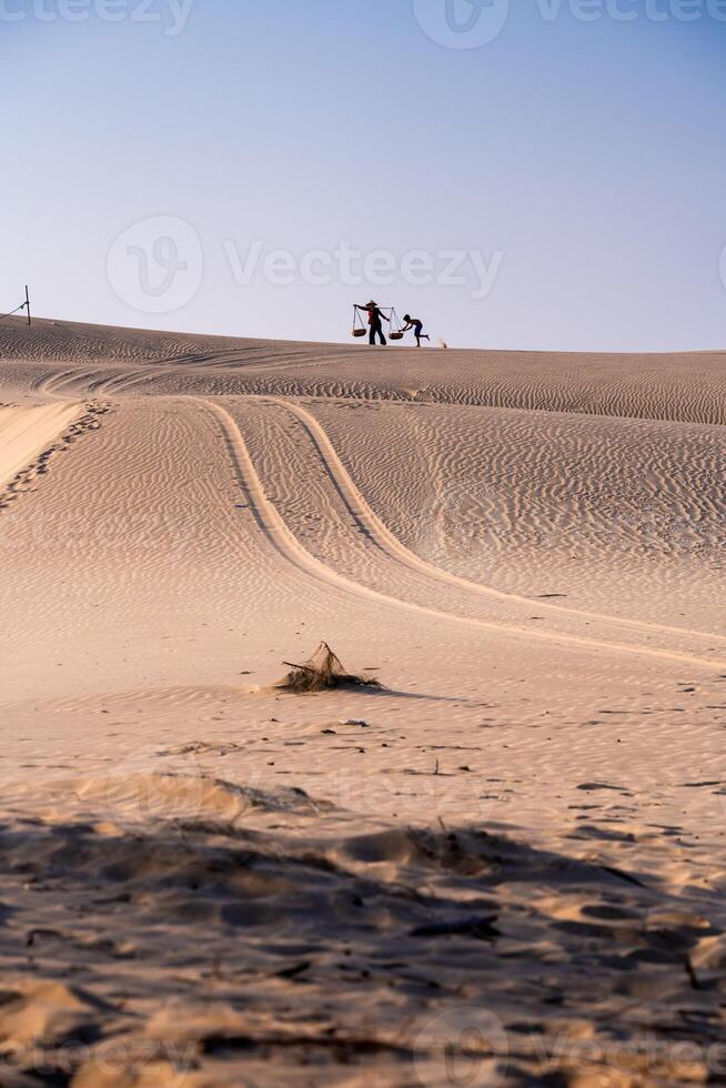 Aerial view of a peasant woman carries a bamboo frame on the shoulder across sand dunes in Ninh Thuan province, Vietnam. It is one of the most beautiful places in Vietnam photo