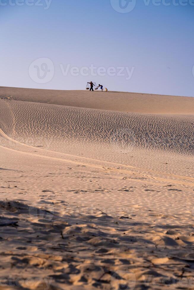 Aerial view of a peasant woman carries a bamboo frame on the shoulder across sand dunes in Ninh Thuan province, Vietnam. It is one of the most beautiful places in Vietnam photo