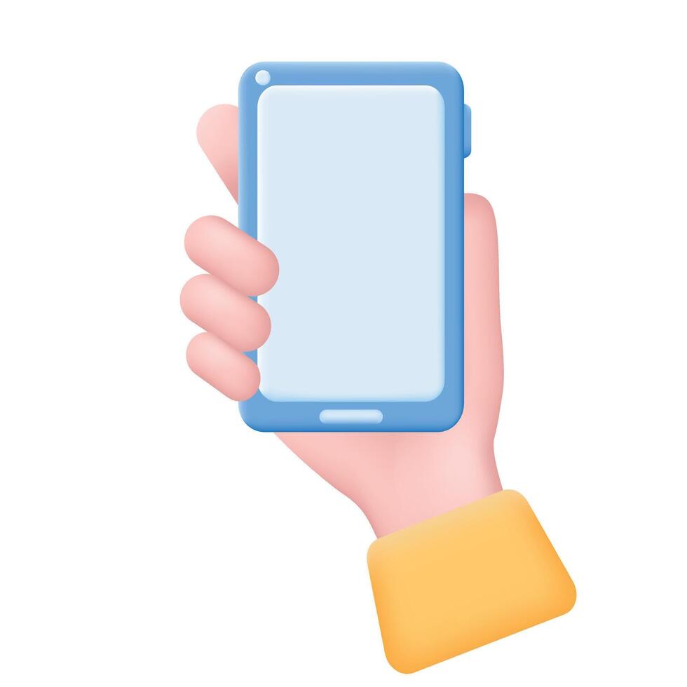 Hand holding smartphone with blank empty screen for mockup mobile 3d concept. vector