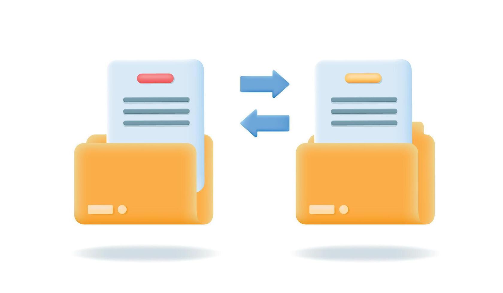 Yellow folders with paper documents. 3d realistic File transfer concept. Copy files, data exchange, backup, migration, file sharing. vector