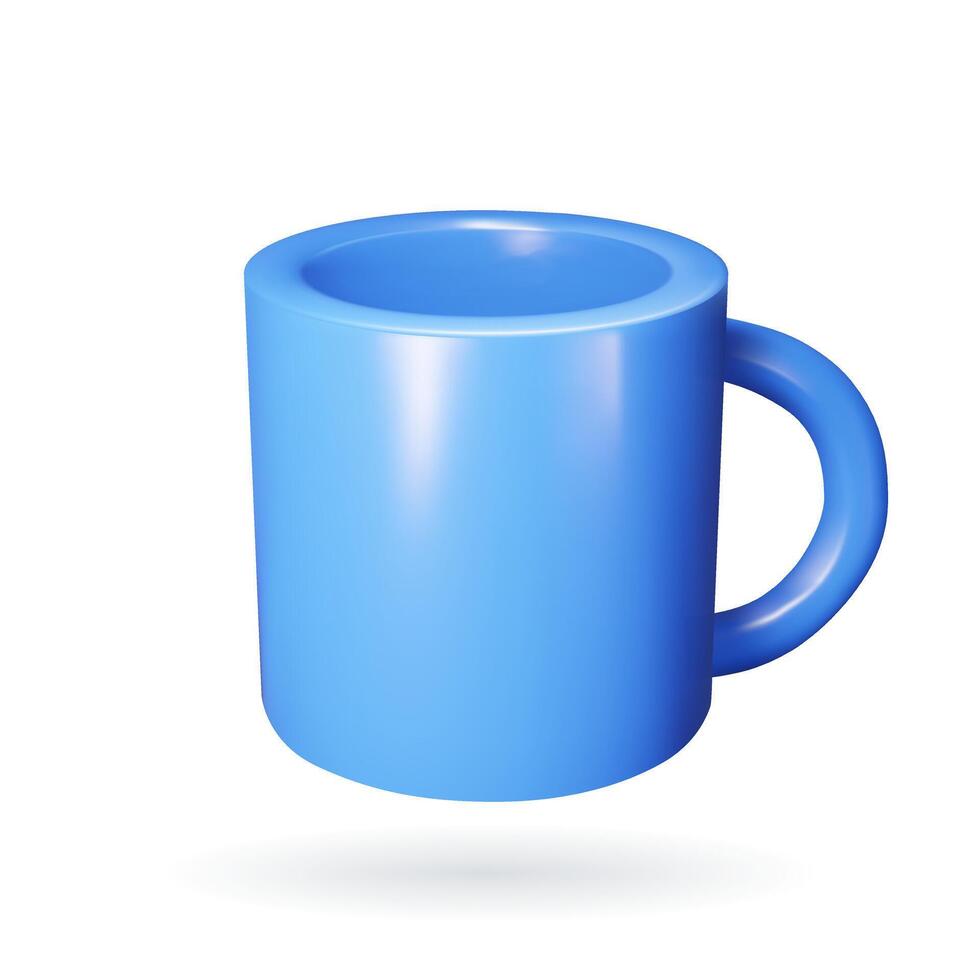 3d realistic blue Mug for coffee or tea. Big Cup for hot drink. Mockup of mug on plate for restaurant and cafe. vector