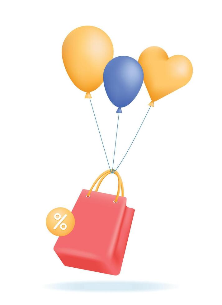 3d compras bolso con globos y descuento por ciento signo. venta, descuentos, compras concepto. vector