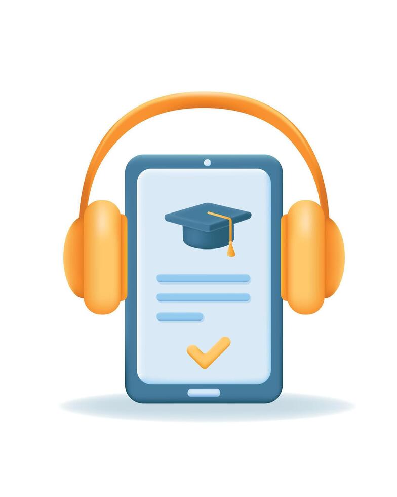 3d inteligente teléfono con graduado gorra en pantalla y amarillo auriculares. en línea educación, e-learning concepto. vector