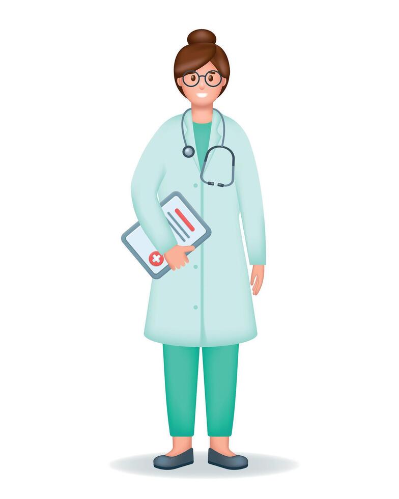 sonriente joven mujer médico en uniforme con estetoscopio y médico documentos. 3d cuidado de la salud y medicina concepto. vector