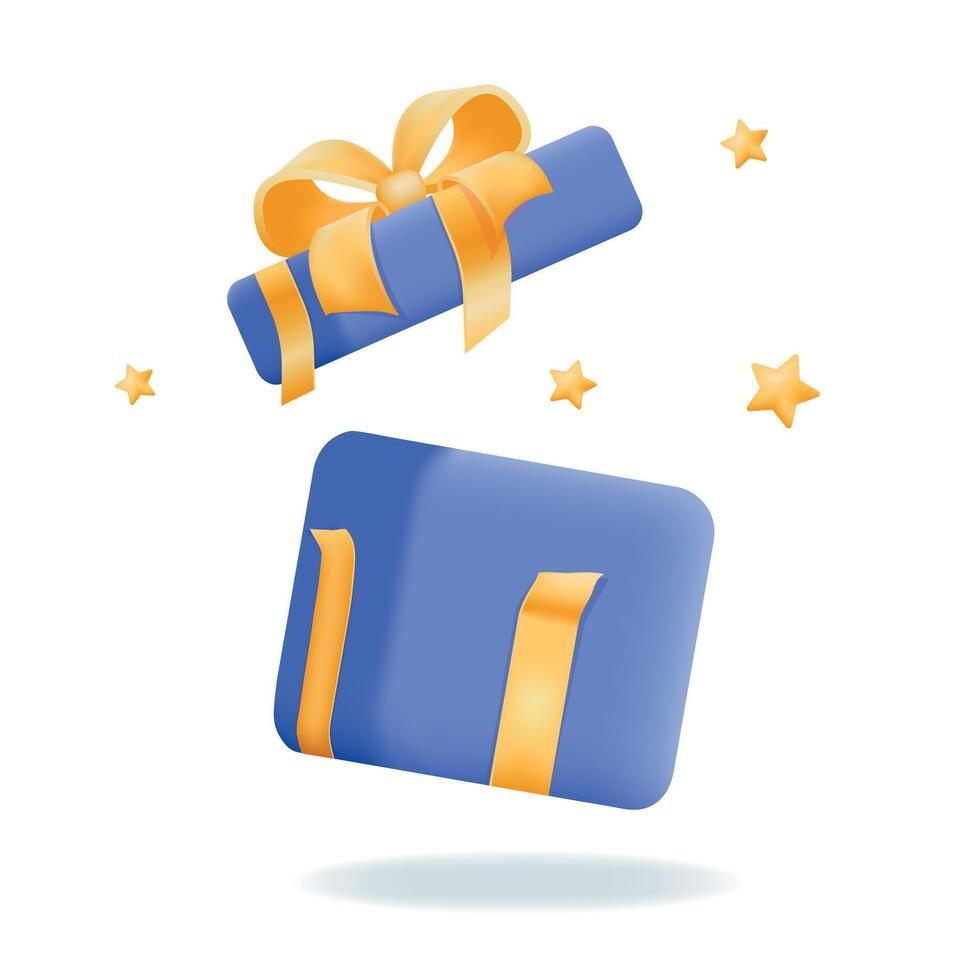 Flying blue open gift box with gold ribbon bow. Realistic 3d icon for sale concept. vector