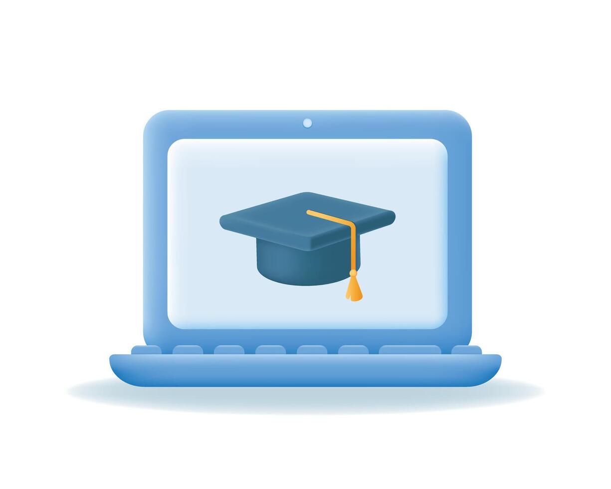 3d laptop with document on screen, books and Graduate cap. vector
