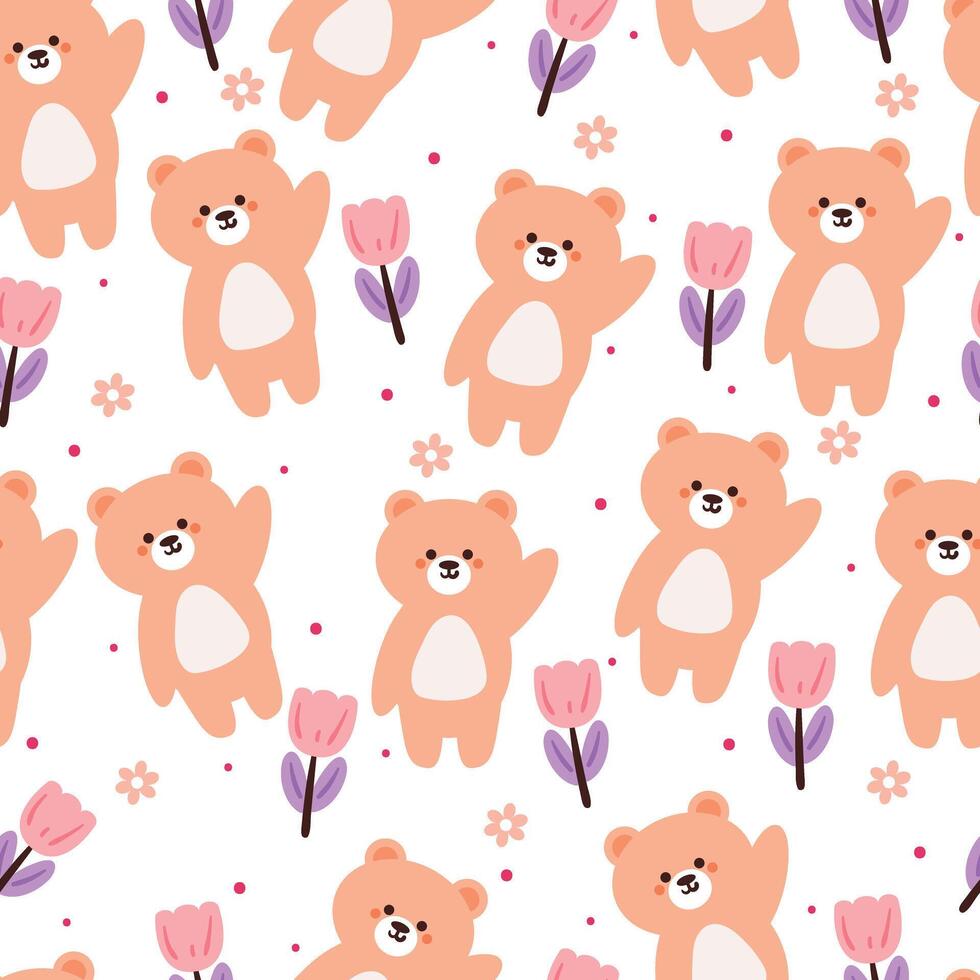 seamless pattern cartoon bear and flower. cute wallpaper for textile, gift wrap paper vector