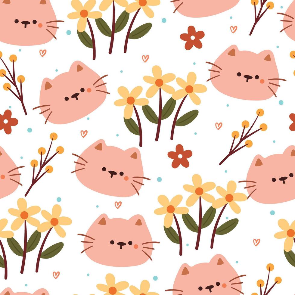 seamless pattern cartoon cat and flower. cute animal wallpaper for textile, gift wrap paper vector