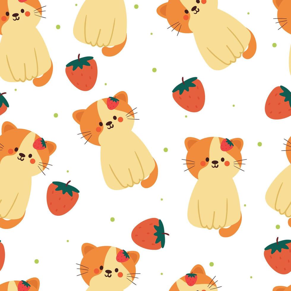 seamless pattern cartoon cat and strawberry. cute animal wallpaper illustration for gift wrap paper vector