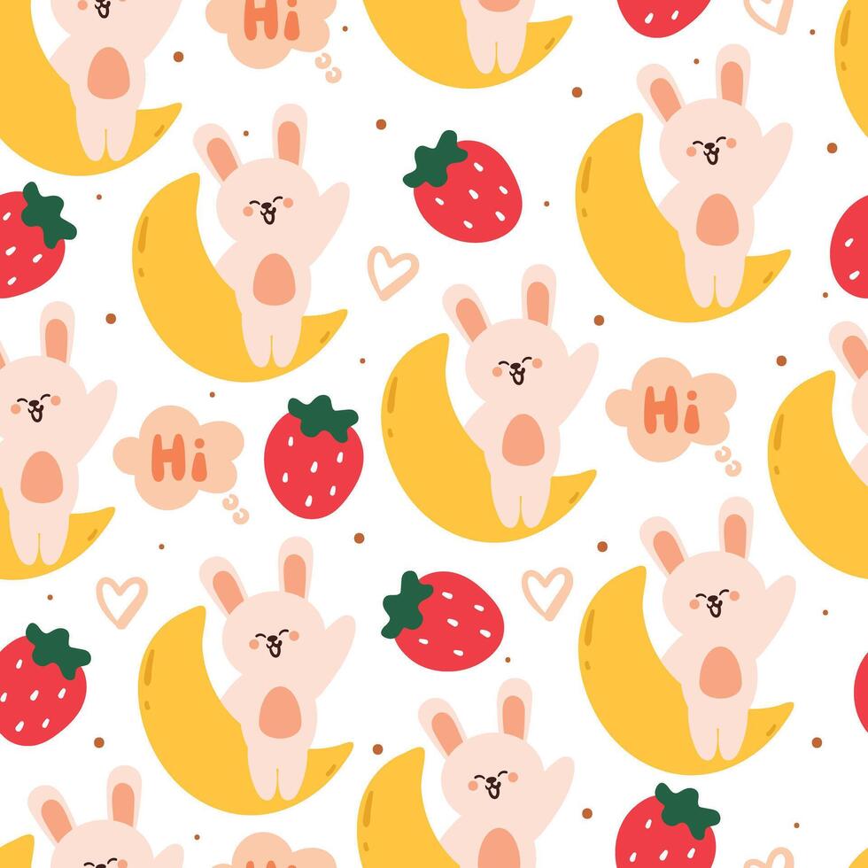 seamless pattern cartoon bunny with moon and strawberry. cute animal wallpaper for textile, gift wrap paper vector