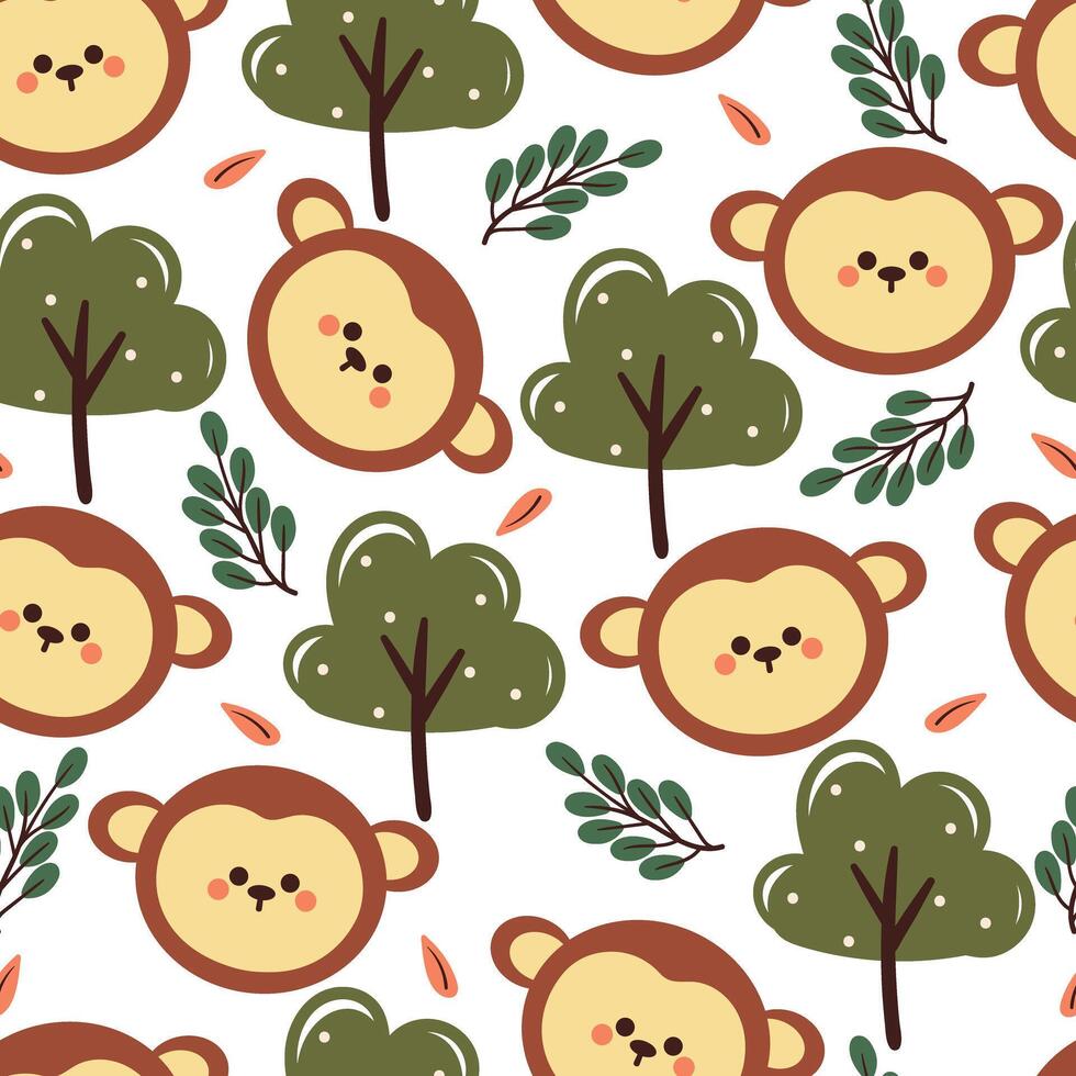 seamless pattern cartoon monkey with tree and leaves. cute animal wallpaper for textile, gift wrap paper vector