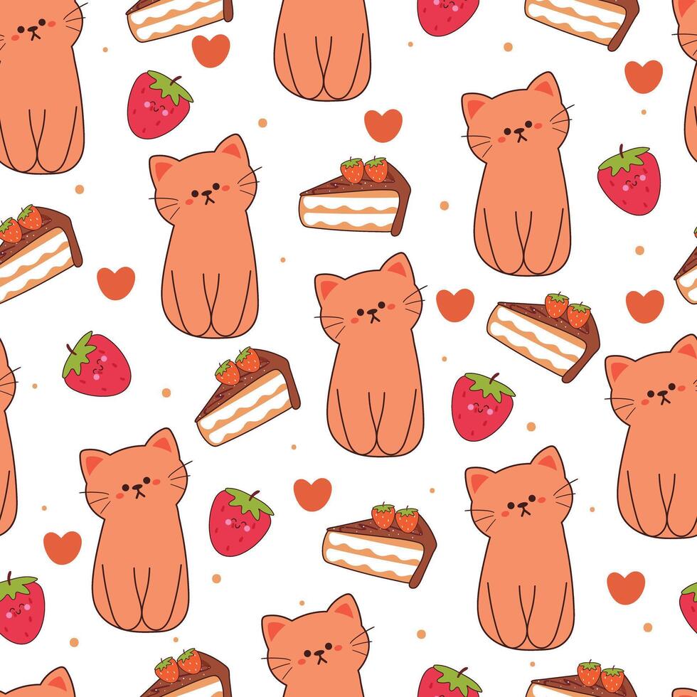 sin costura modelo dibujos animados gato con postre y fresa. linda animal fondo de pantalla ilustración para regalo envolver papel vector