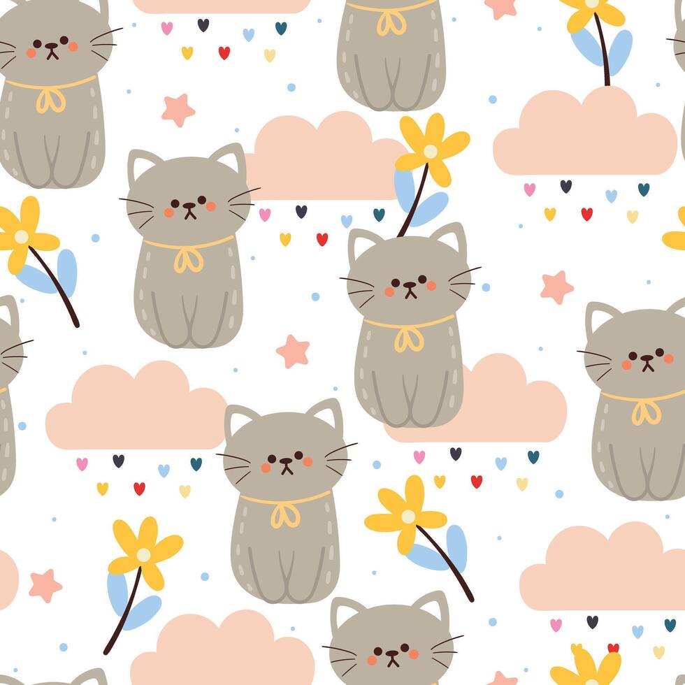 sin costura modelo dibujos animados gato con flor y cielo elemento. linda animal fondo de pantalla para textil, regalo envolver papel vector