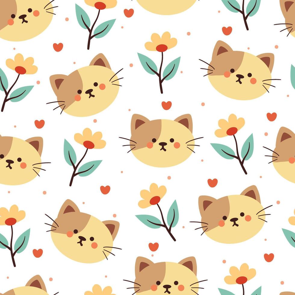 flor y gato de dibujos animados de patrones sin fisuras. lindo papel tapiz animal para textiles, papel de regalo vector