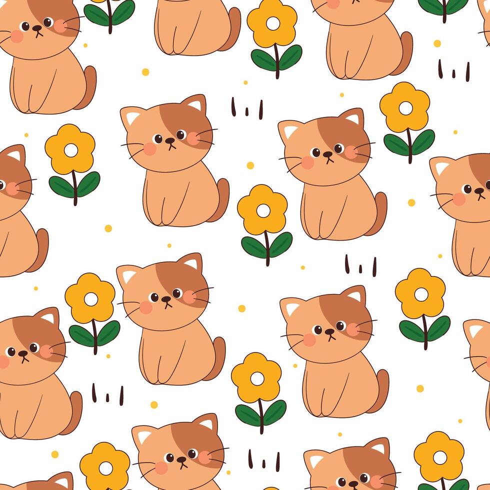 seamless pattern cartoon cat and flower. cute animal wallpaper for textile, gift wrap paper vector