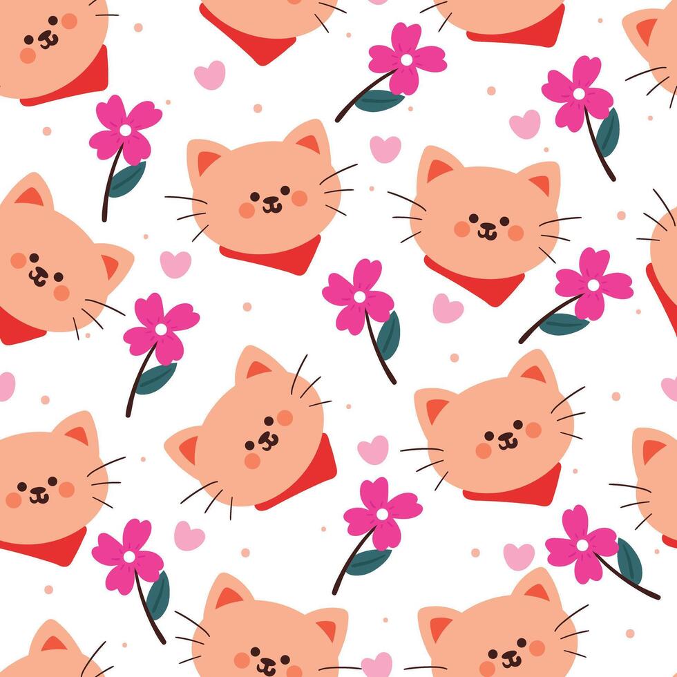 flor y gato de dibujos animados de patrones sin fisuras. lindo papel tapiz animal para textiles, papel de regalo vector