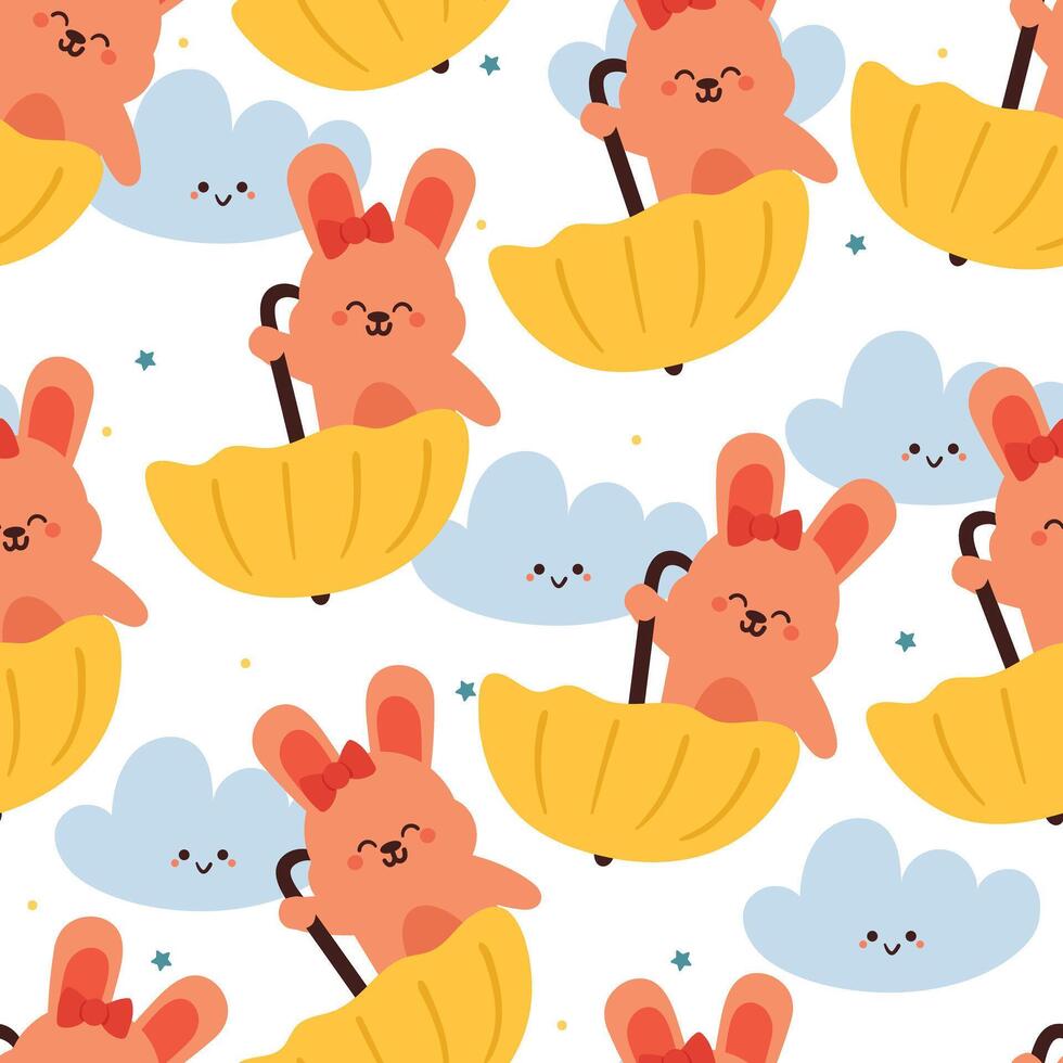 seamless pattern cartoon bunny playing with umbrella. cute animal wallpaper with sky element, umbrella vector