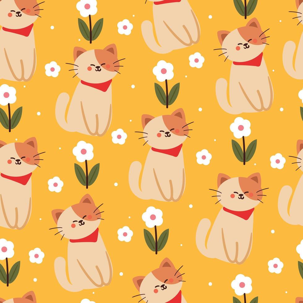 flor y gato de dibujos animados de patrones sin fisuras. lindo papel tapiz animal para textiles, papel de regalo vector