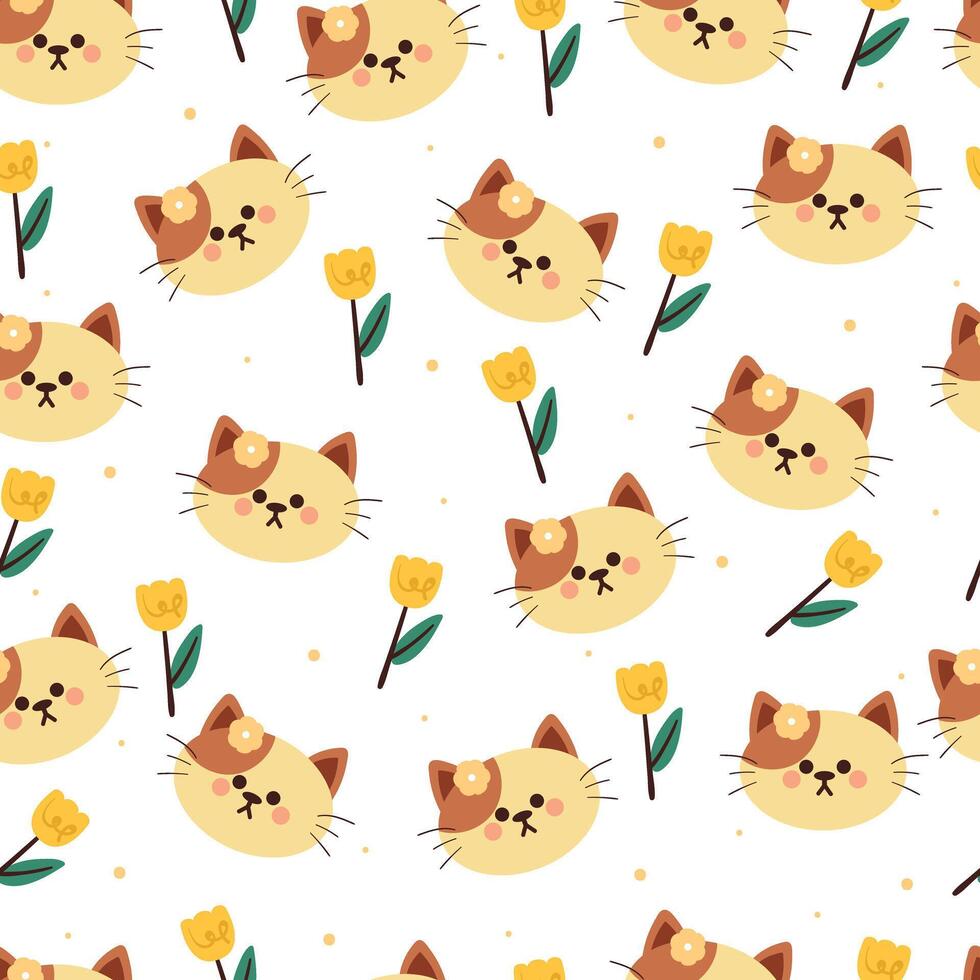 seamless pattern cartoon cat and flower. cute animal wallpaper for textile, gift wrap paper vector