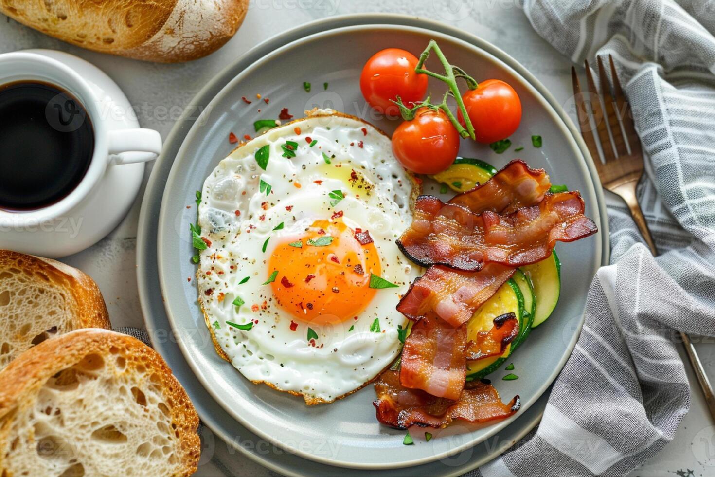fried eggs and cherry tomatoes and bacon photo
