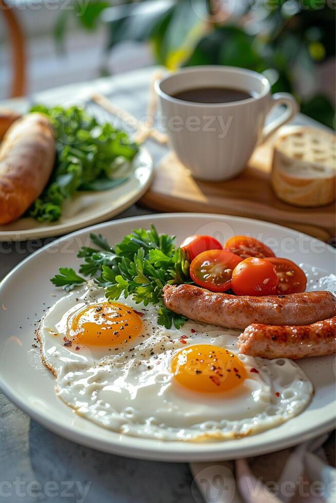 fried eggs and cherry tomatoes and sausages photo