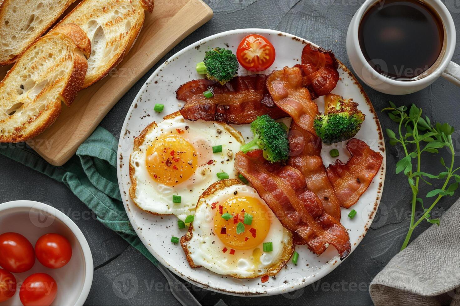 fried eggs and cherry tomatoes and bacon photo