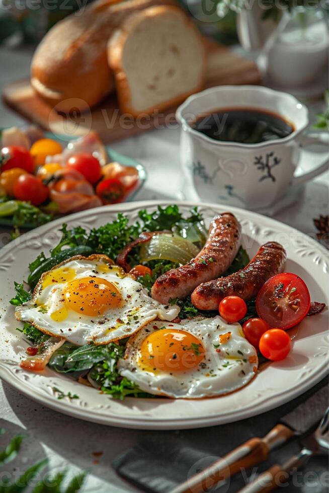 fried eggs and cherry tomatoes and sausages photo