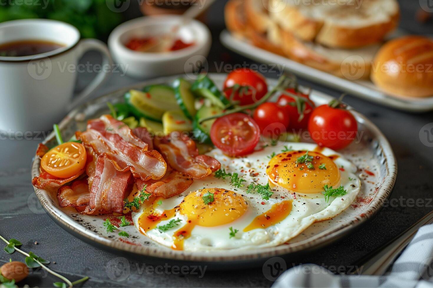 fried eggs and cherry tomatoes and bacon photo