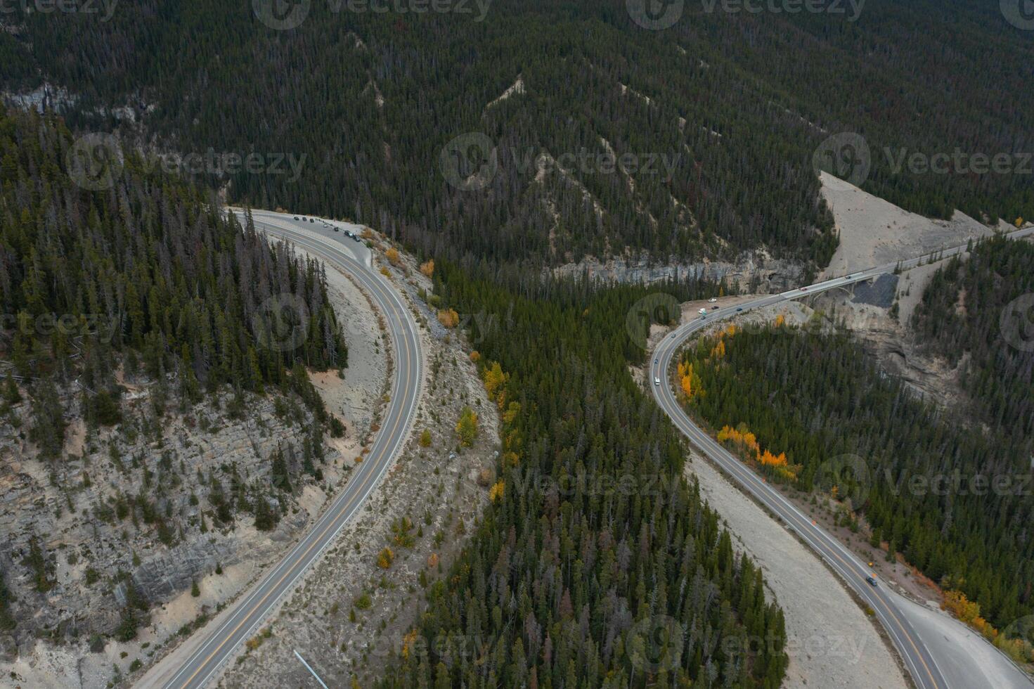 Aerial view of the curve at The Big Bend on the Icefield Parkway. photo