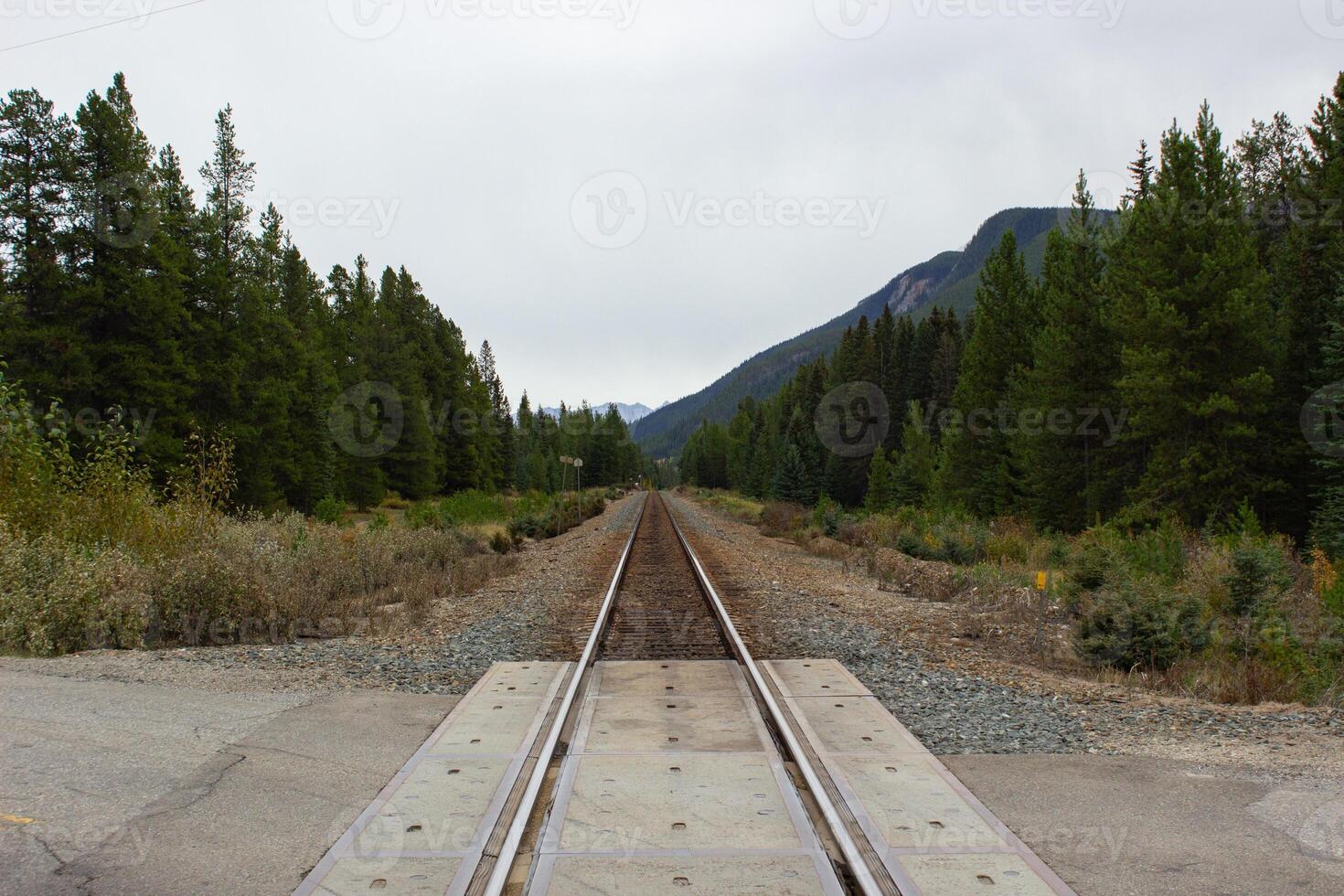 Train tracks crossing the rocky mountains of Canada photo