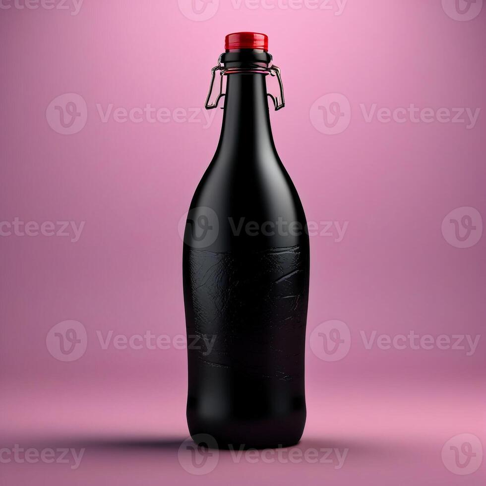 a black bottle with a red cap sits on a purple background photo