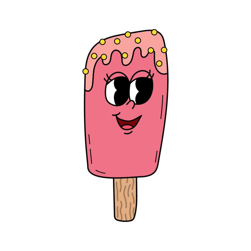 Retro ice cream groovy character. Gelato dessert, comic personage. Happy groovy ice cream vector