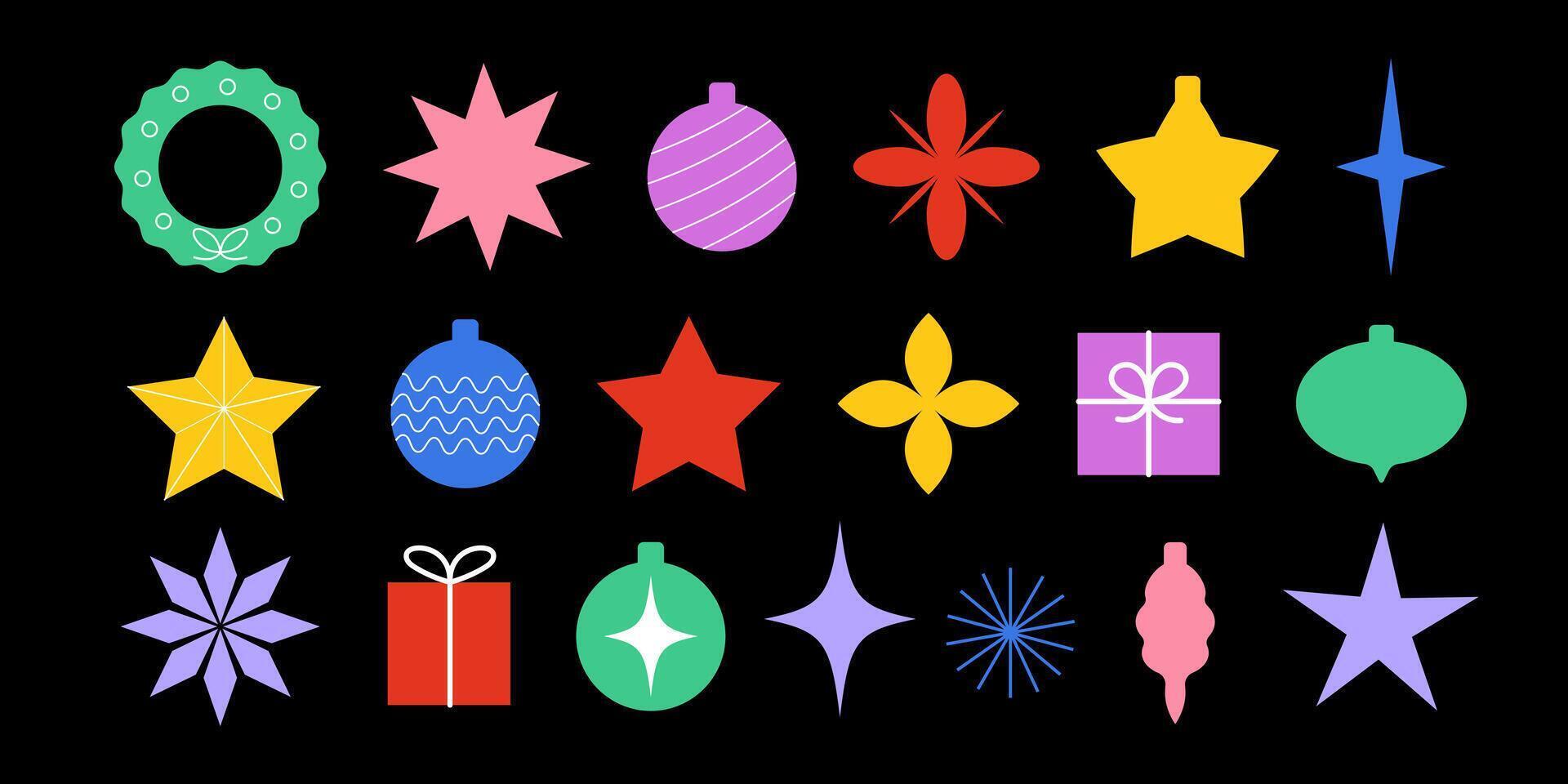 Set of minimalistic geometric Christmas elements in flat and Y2K style. Aesthetic shapes, Abstract Xmas decoration. vector