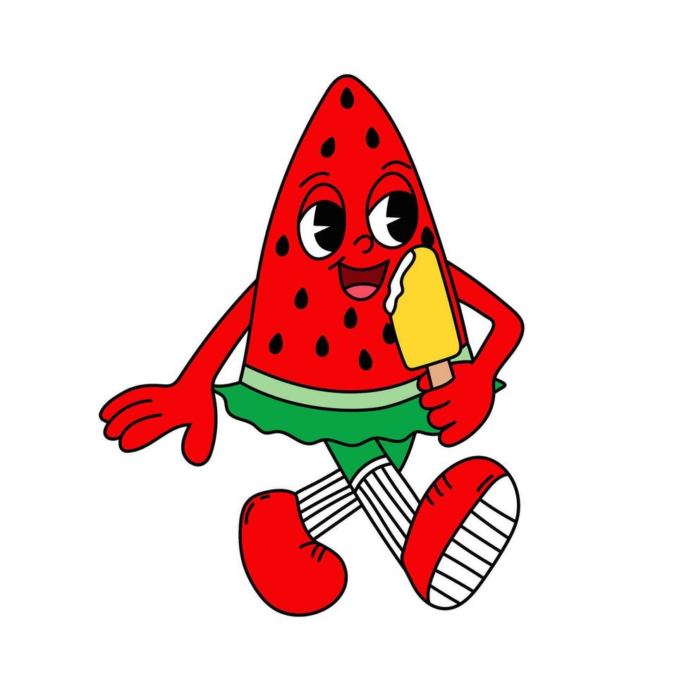 Groovy watermelon character eating ice cream. vector