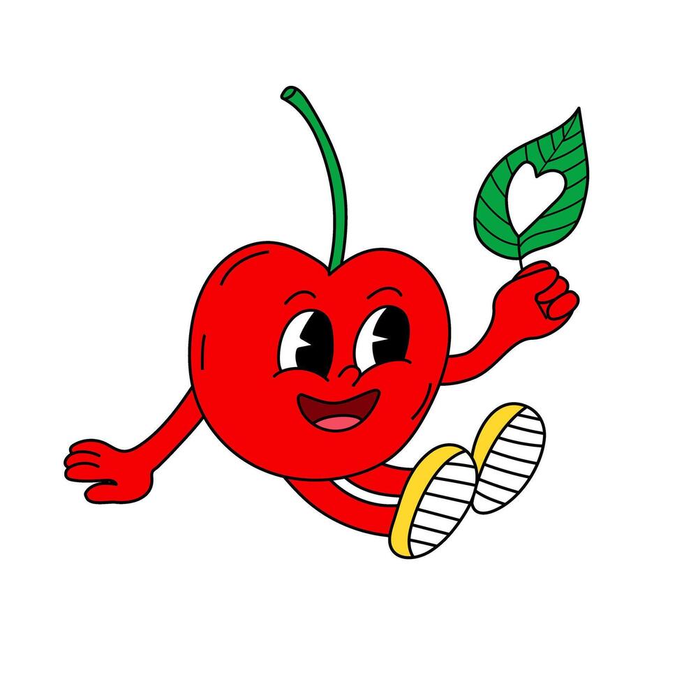 Cherry with leaf with heart shape in hand. Groovy retro mascot character. Summer illustration vector